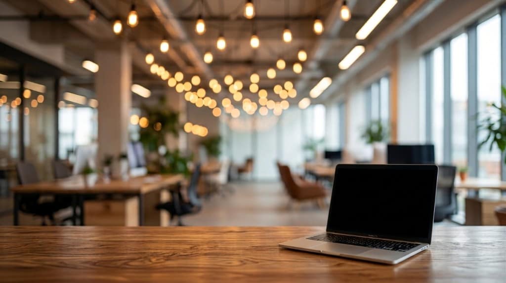 Laptop op een houten bureau in een sfeervolle open workspace