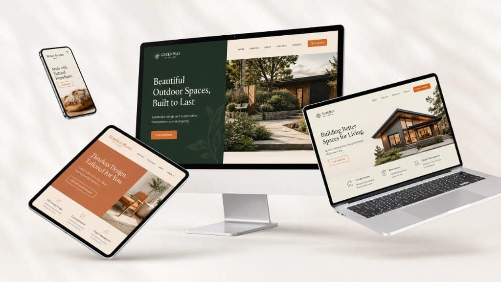 Voorbeelden van professionele websites op smartphone, tablet, desktop en laptop