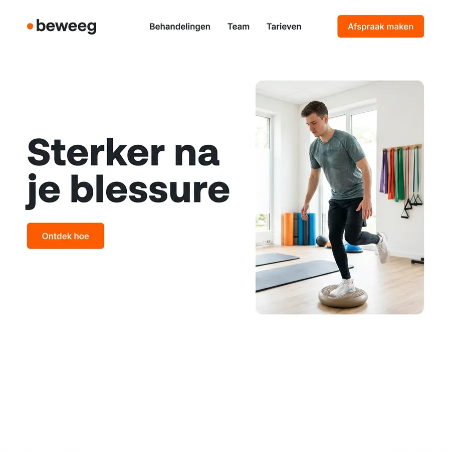 Voorbeeldontwerp: website voor Kinepraktijk Beweeg (fictief), in wit met oranje